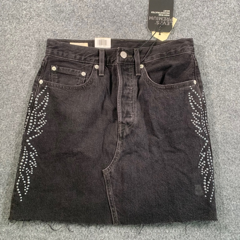 Levis Premium High Rise Deconstructed Skirt Black Studded Denim Mini Size 27 NEW